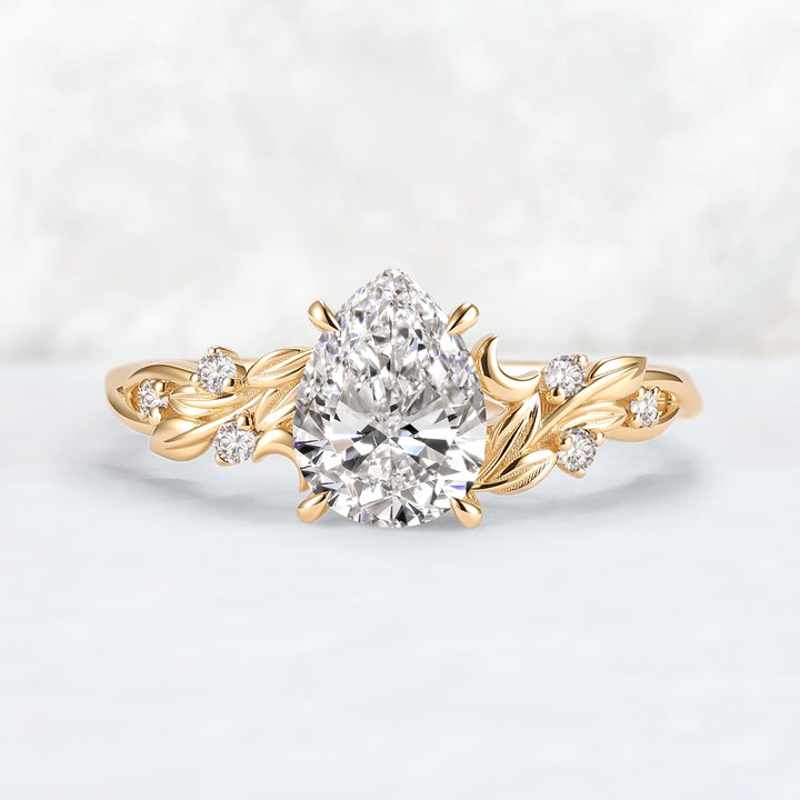 Lunaria Olive with 1.3ct Pear Cut Certified Lab Diamond Ring in 14K Yellow Gold