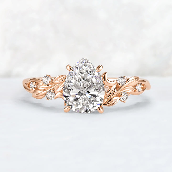 Lunaria Olive with 1.3ct Pear Cut Certified Lab Diamond Ring in 14K Yellow Gold