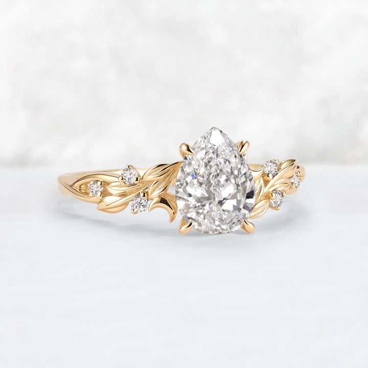 Lunaria Olive with 1.3ct Pear Cut Certified Lab Diamond Ring in 14K Yellow Gold