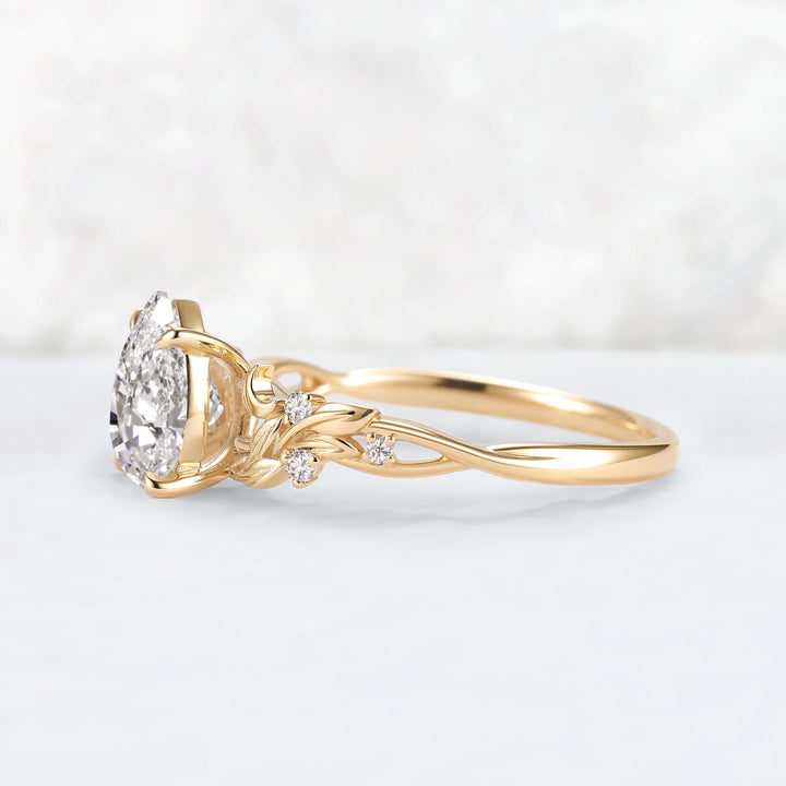 Lunaria Olive with 1.3ct Pear Cut Certified Lab Diamond Ring in 14K Yellow Gold