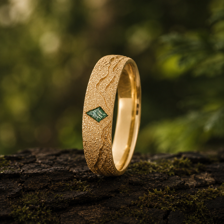 Mens Kite Cut Moss Agate Stone Mountain Wedding Ring