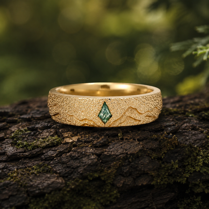 Mens Kite Cut Moss Agate Stone Mountain Wedding Ring