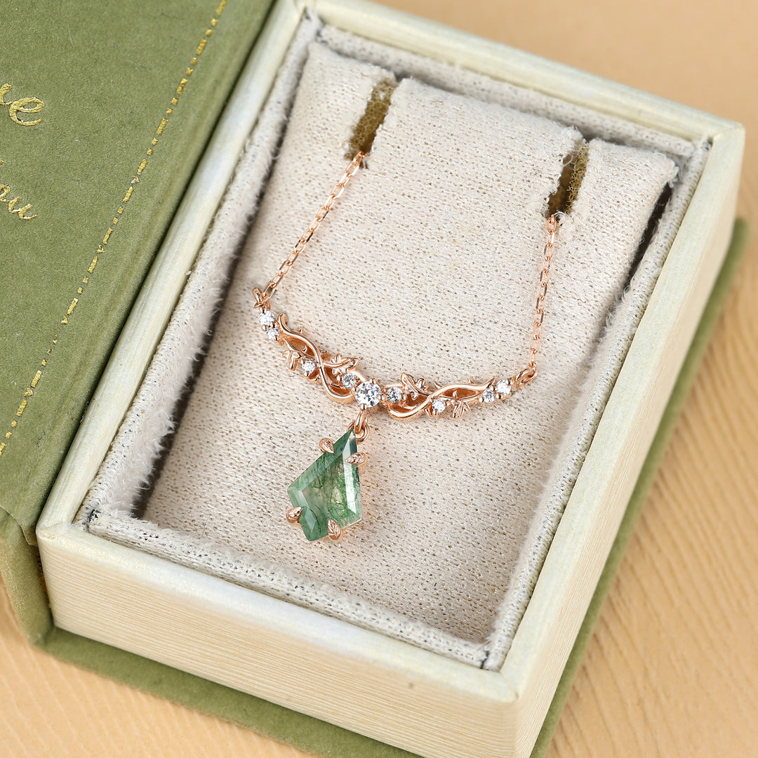Maple Whisper Kite Cut Moss Agate Maple Leaf Necklace