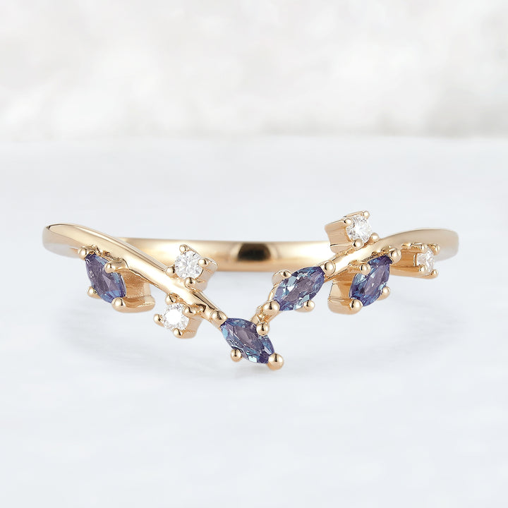 Marquise Cut Alexandrite 14k Yellow Gold Open Vine Wedding Band