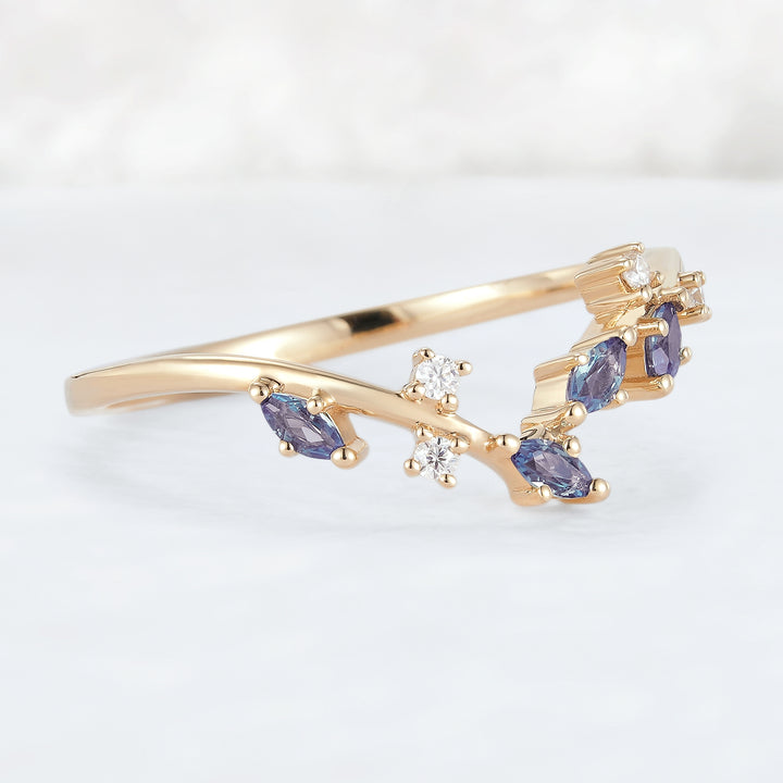 Marquise Cut Alexandrite 14k Yellow Gold Open Vine Wedding Band