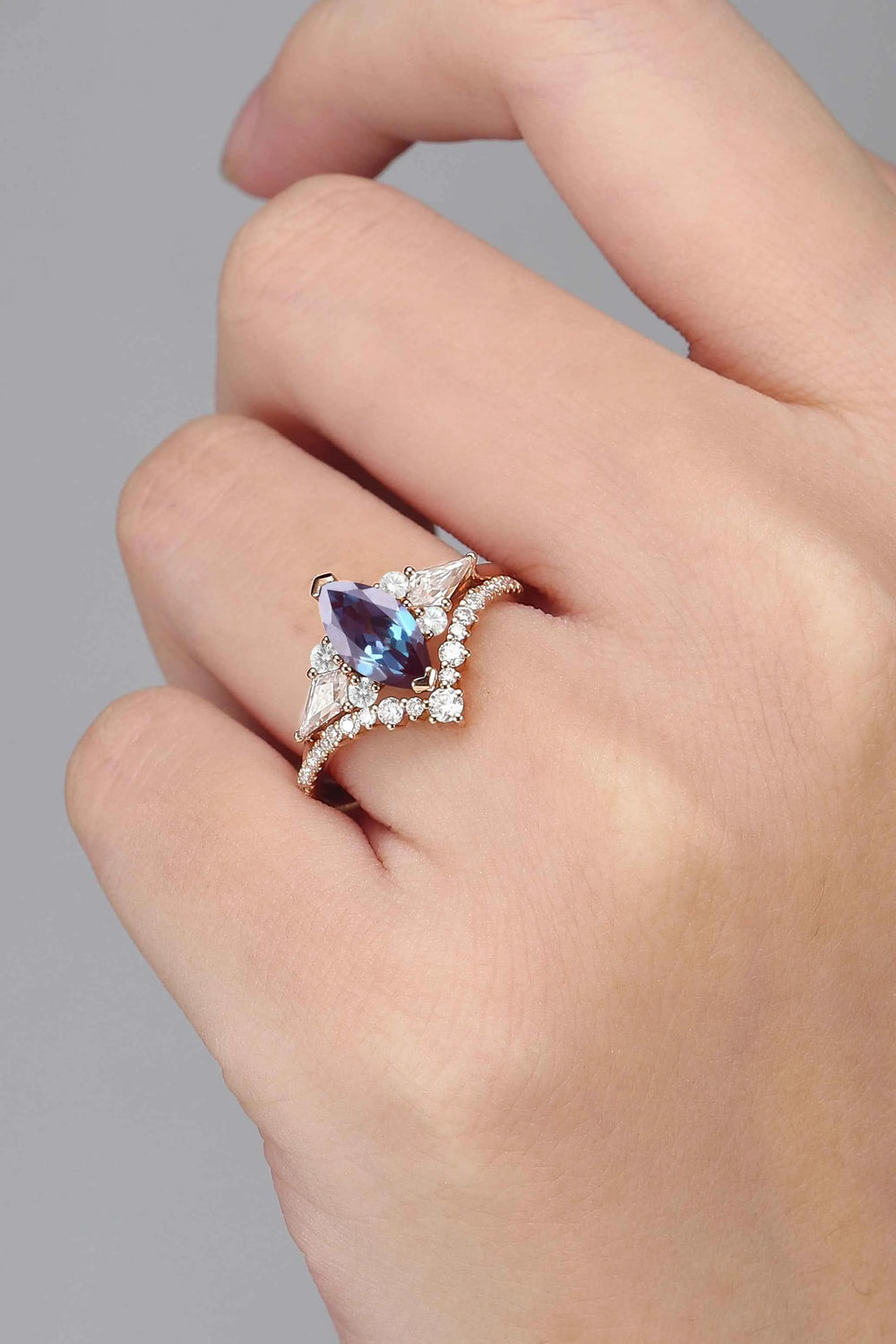 Unique Marquise Cut Alexandrite Cluster Engagement Ring Set 2pcs