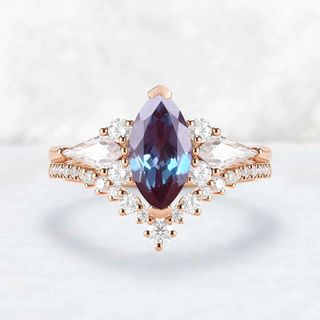 Unique Marquise Cut Alexandrite Cluster Engagement Ring Set 2pcs