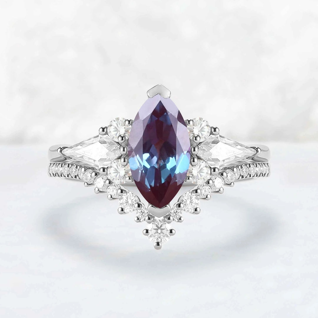 Unique Marquise Cut Alexandrite Cluster Engagement Ring Set 2pcs