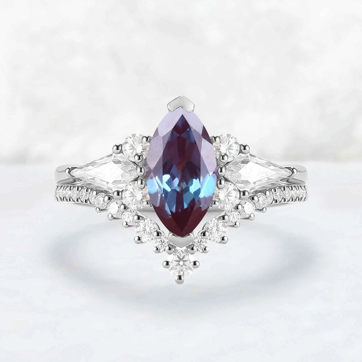 Unique Marquise Cut Alexandrite Cluster Engagement Ring Set 2pcs