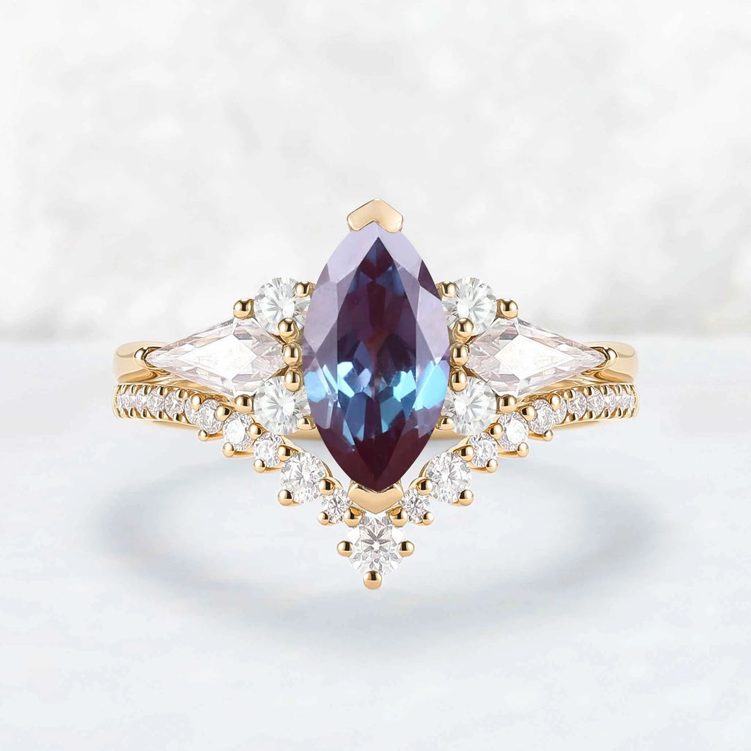 Unique Marquise Cut Alexandrite Cluster Engagement Ring Set 2pcs