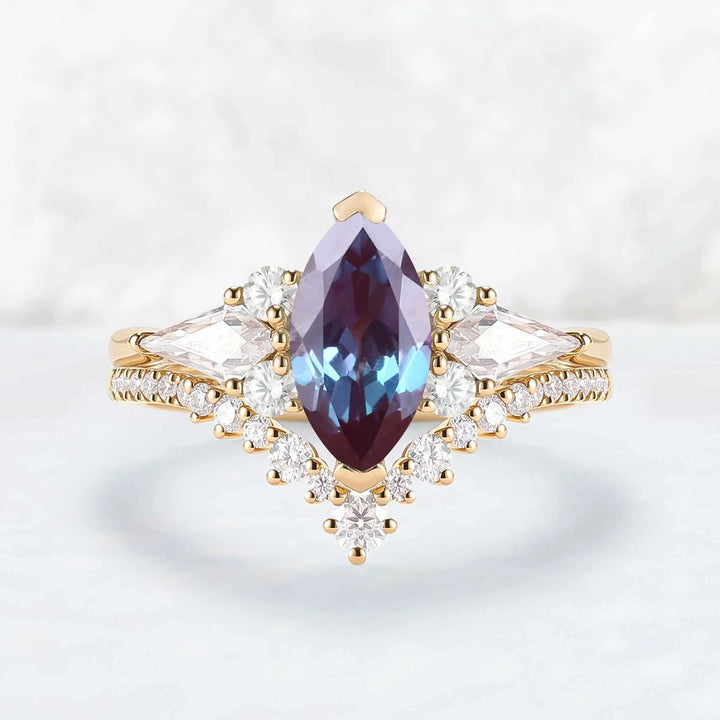 Unique Marquise Cut Alexandrite Cluster Engagement Ring Set 2pcs