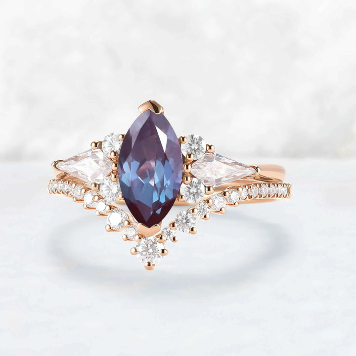 Unique Marquise Cut Alexandrite Cluster Engagement Ring Set 2pcs