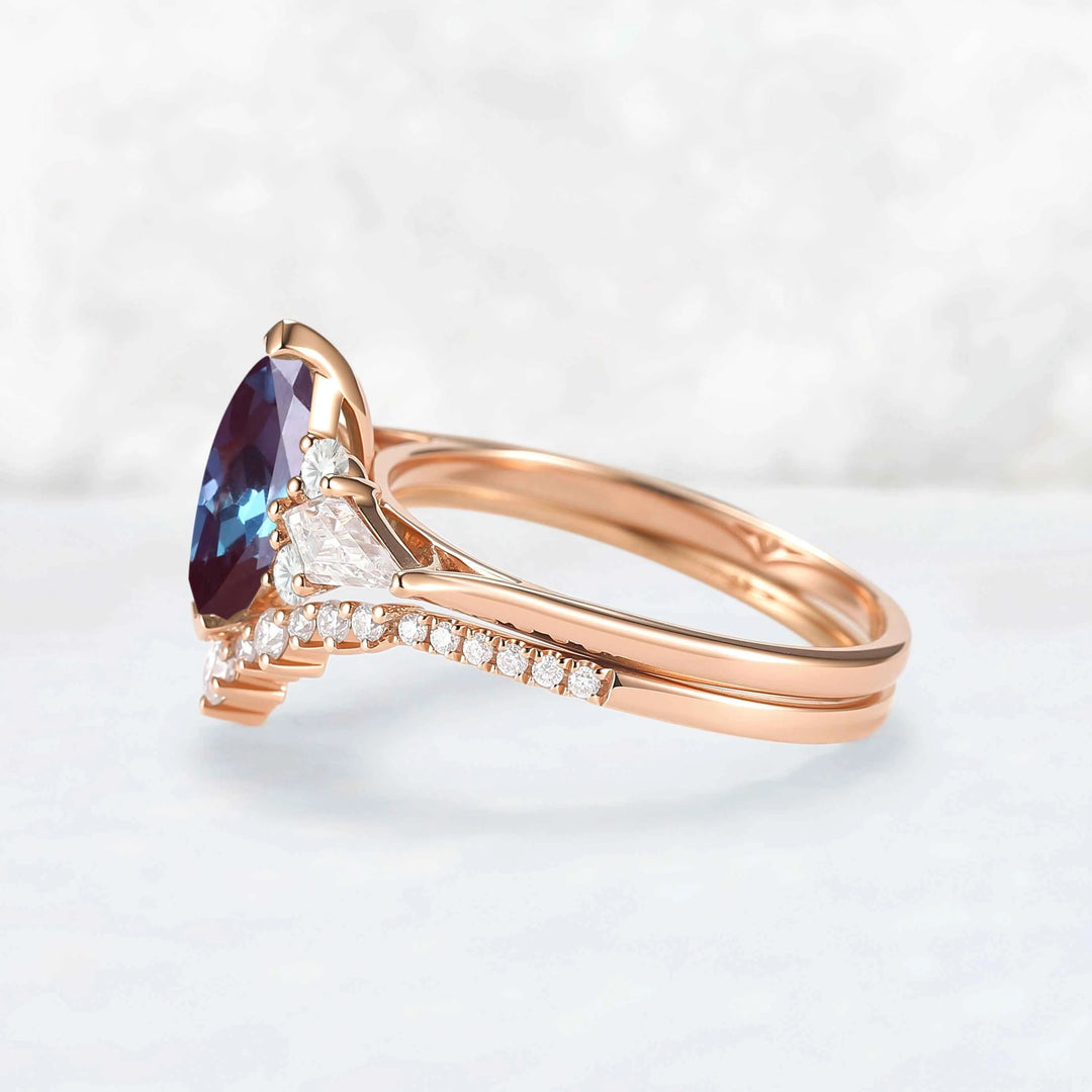 Unique Marquise Cut Alexandrite Cluster Engagement Ring Set 2pcs