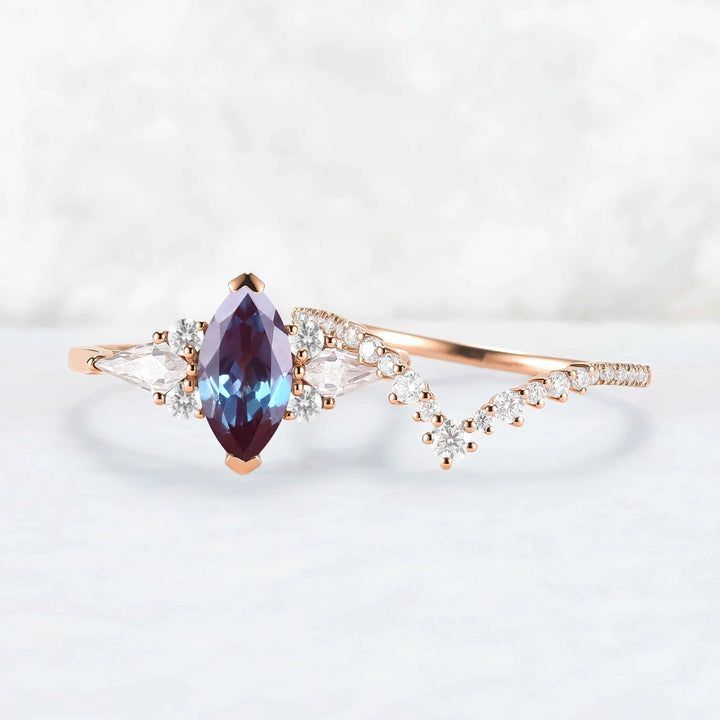 Unique Marquise Cut Alexandrite Cluster Engagement Ring Set 2pcs