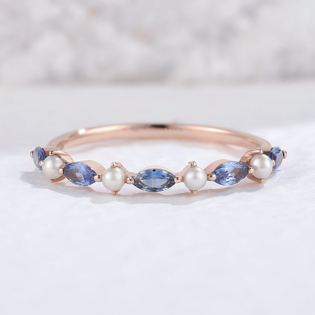 Marquise Cut Cornflower Sapphire Pearl Bridal Ring