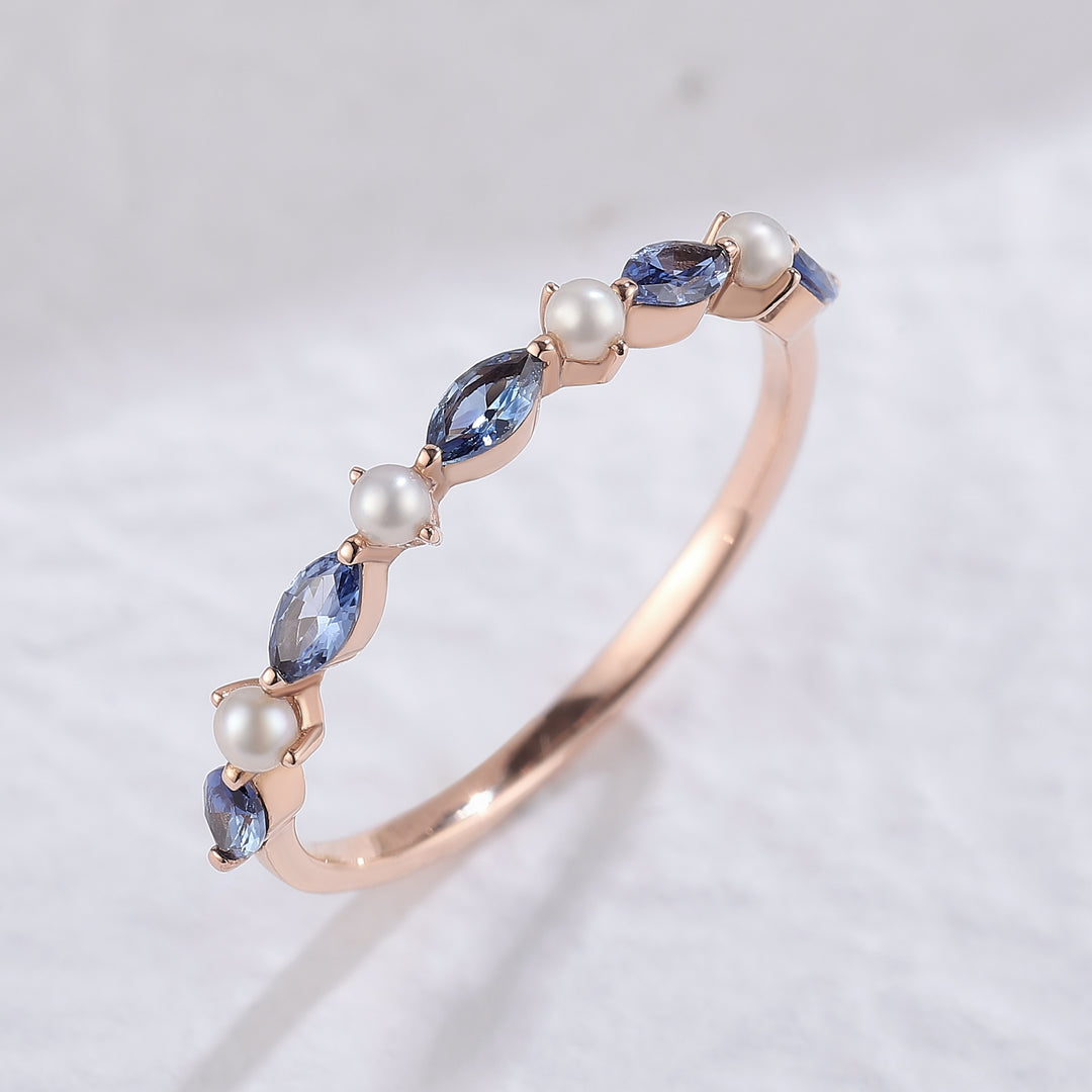 Marquise Cut Cornflower Sapphire Pearl Bridal Ring