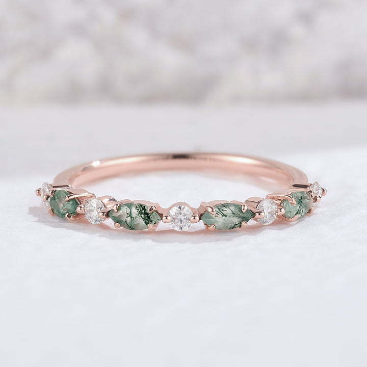 Marquise Cut Moss Agate Half Enternity Wedding Band