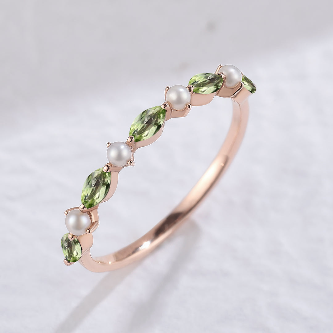 Marquise Cut Peridot Pearl Bridal Ring