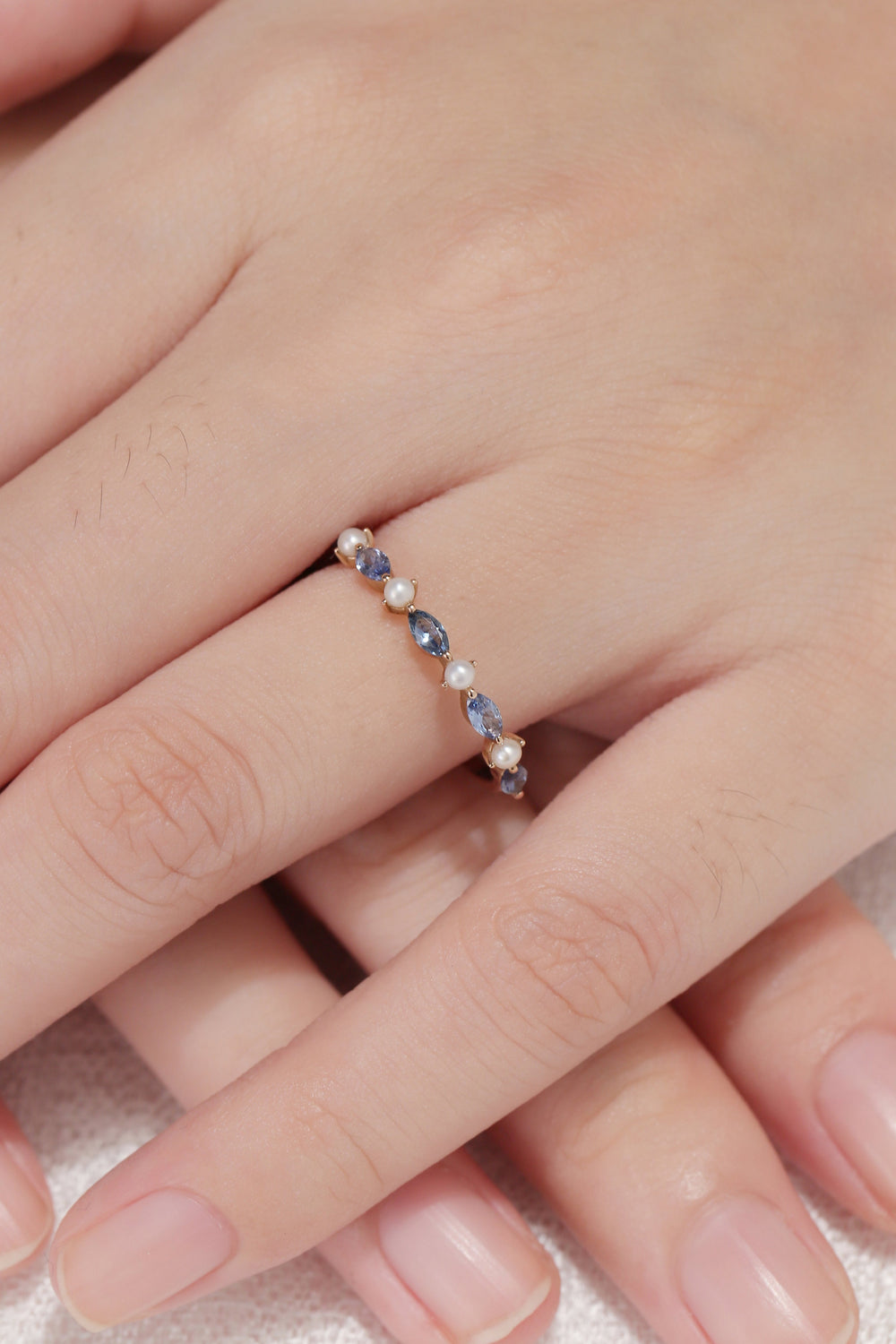 Marquise Cut Cornflower Sapphire Pearl Bridal Ring