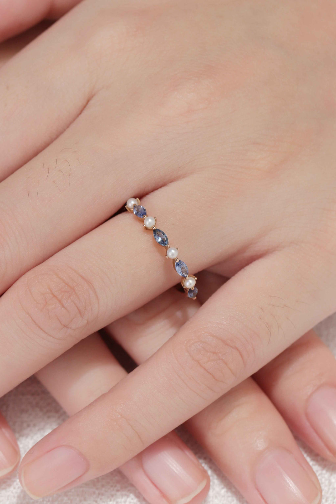 IverJewelry Marquise Cut Cornflower Sapphire Pearl Bridal Ring