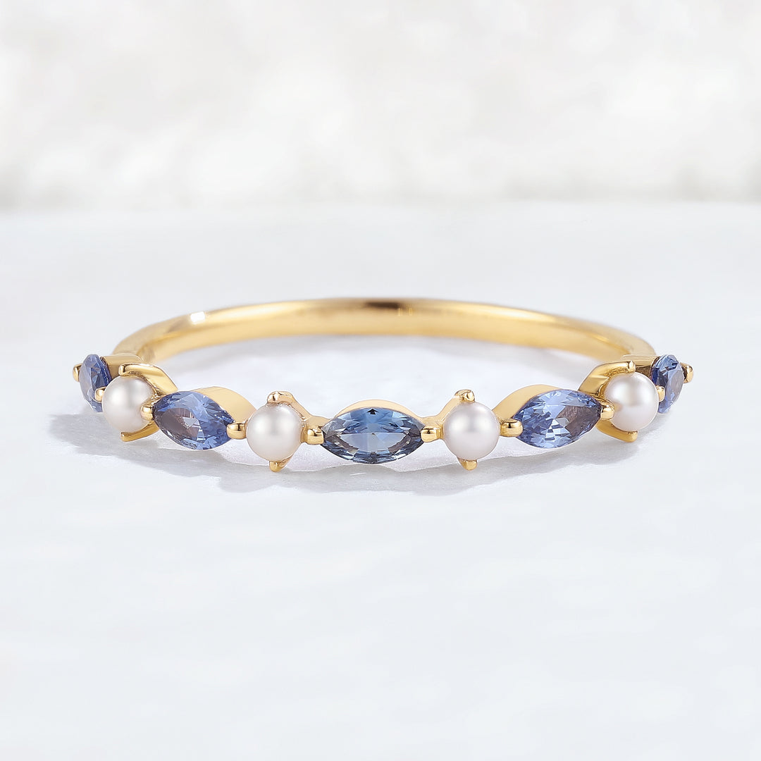 Marquise Cut Cornflower Sapphire Pearl Silver Stacking Ring