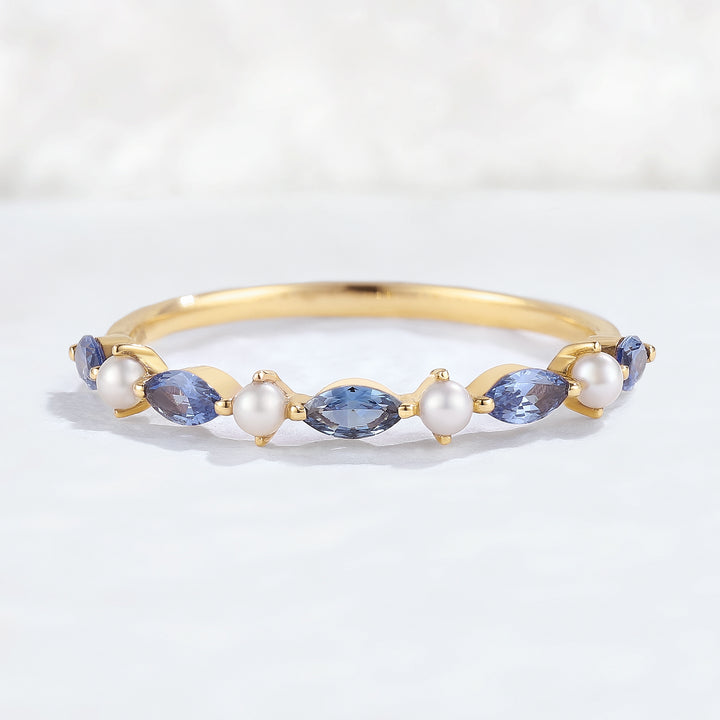 Marquise Cut Cornflower Sapphire Pearl Silver Stacking Ring