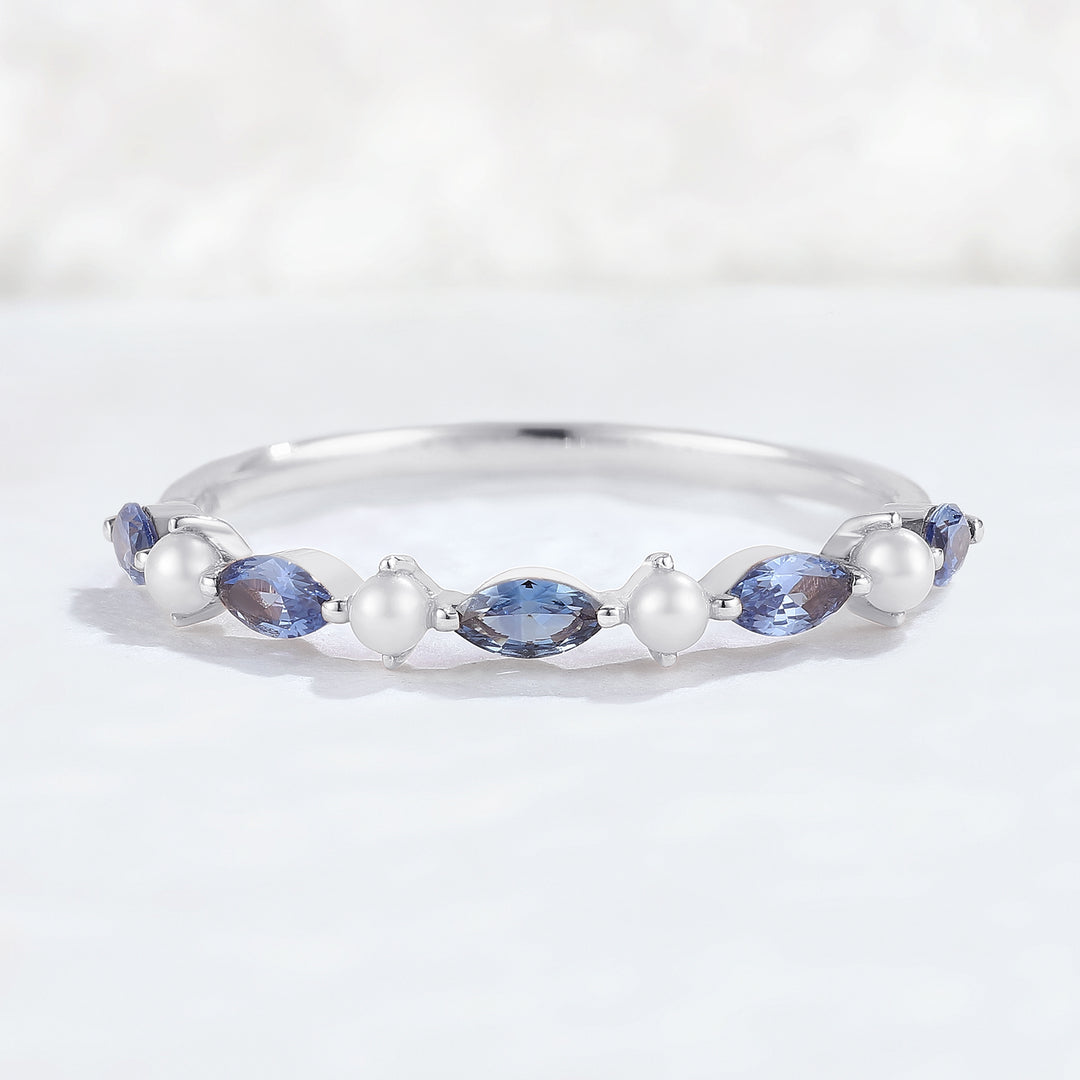 Marquise Cut Cornflower Sapphire Pearl Silver Stacking Ring