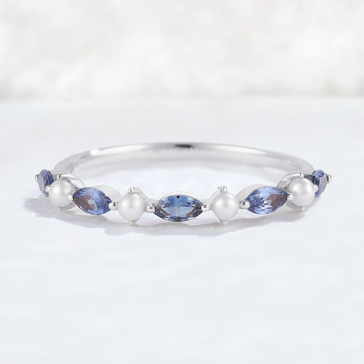 Marquise Cut Cornflower Sapphire Pearl Silver Stacking Ring