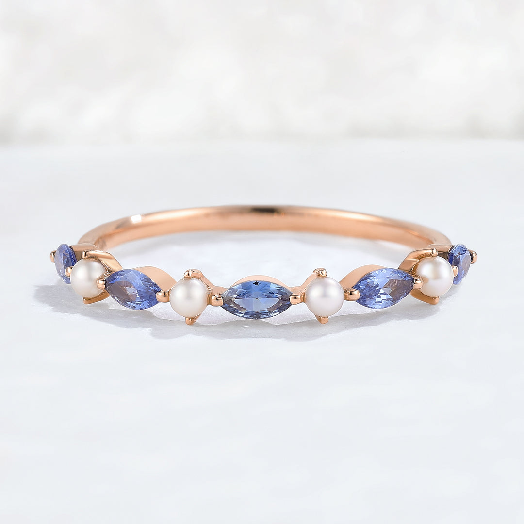 Marquise Cut Cornflower Sapphire Pearl Silver Stacking Ring