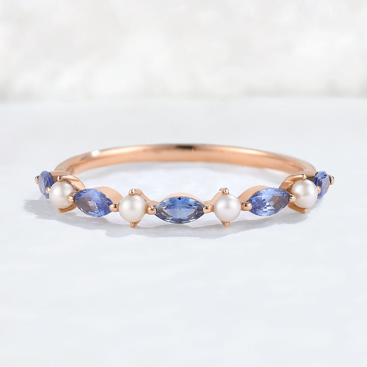 Marquise Cut Cornflower Sapphire Pearl Silver Stacking Ring