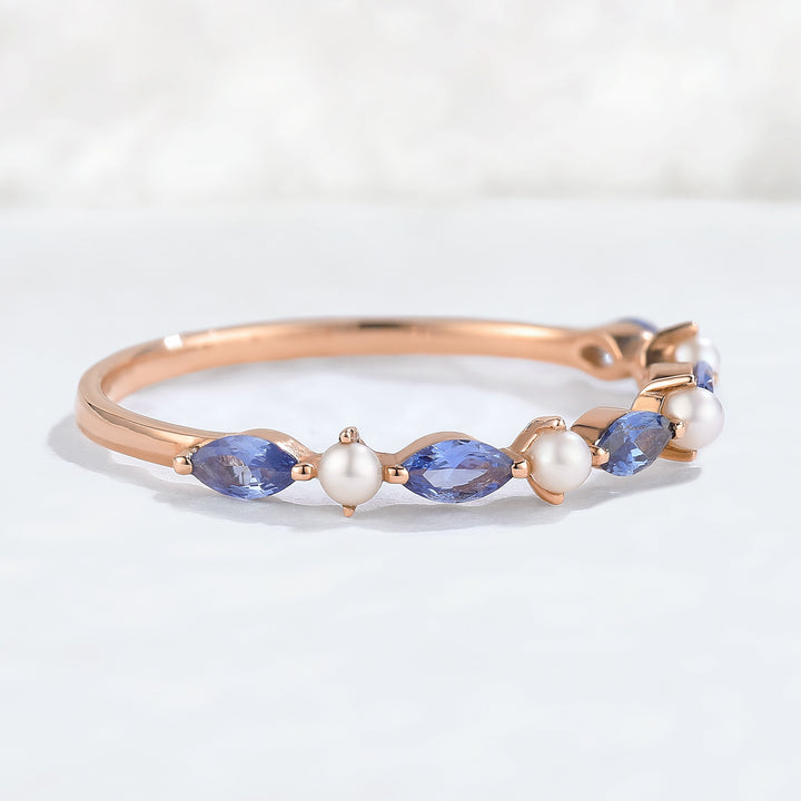 Marquise Cut Cornflower Sapphire Pearl Silver Stacking Ring