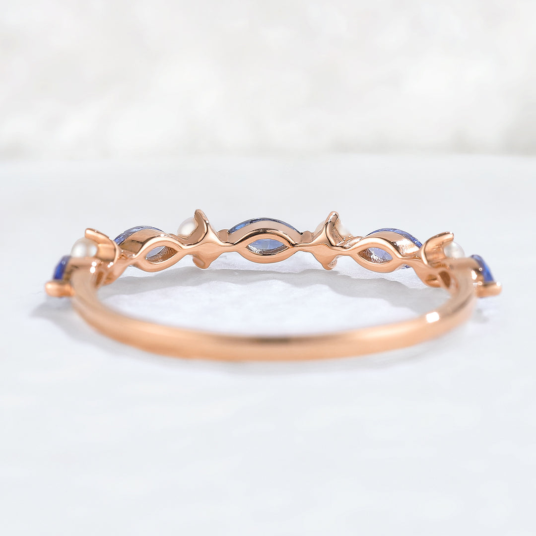 Marquise Cut Cornflower Sapphire Pearl Silver Stacking Ring