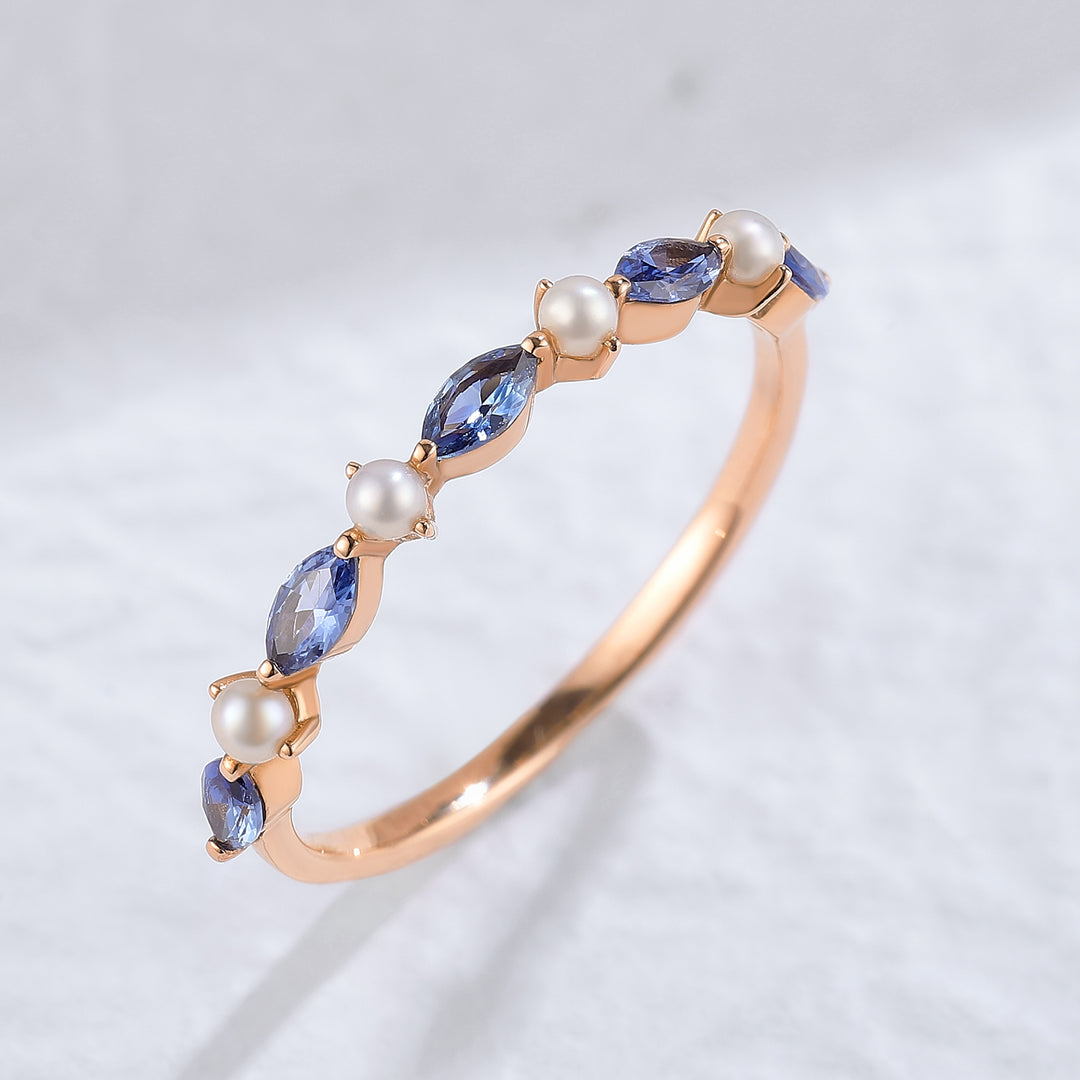 Marquise Cut Cornflower Sapphire Pearl Silver Stacking Ring