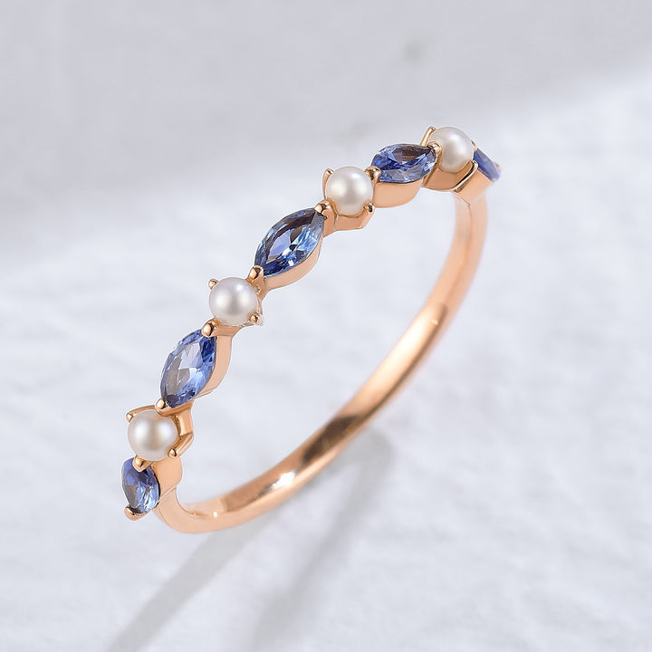 Marquise Cut Cornflower Sapphire Pearl Silver Stacking Ring