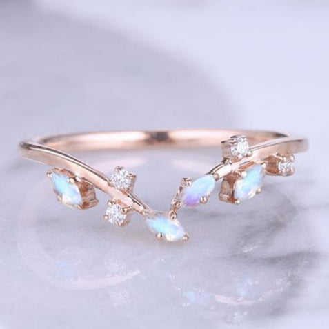 Marquise Cut Moonstone 14k Rose Gold Open Vine Wedding Band