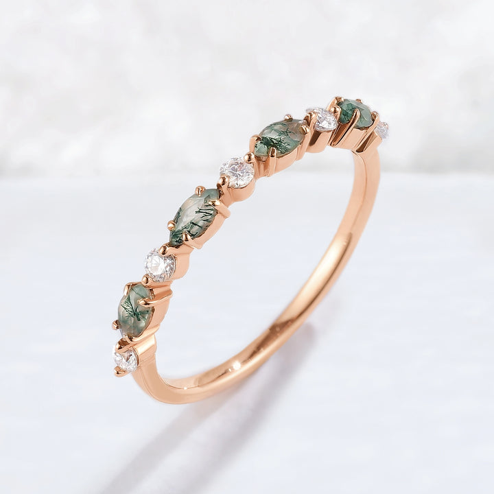 Marquise Cut Moss Agate Half Enternity Stacking Ring