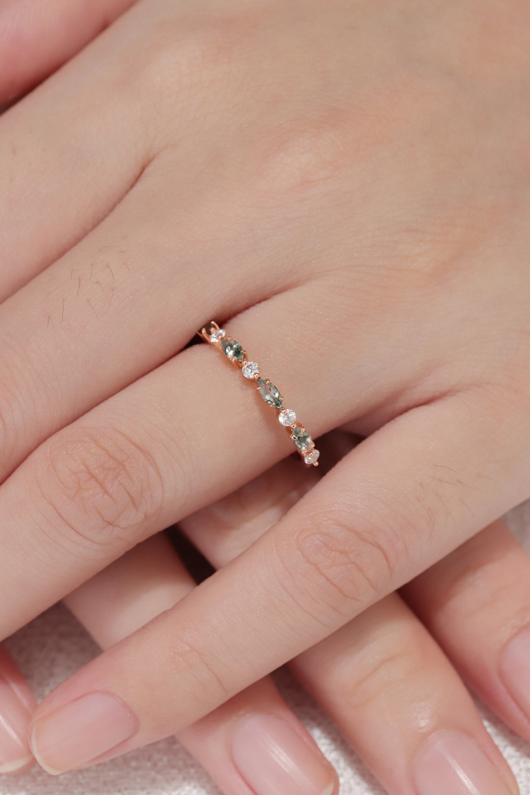 Marquise Cut Moss Agate Half Enternity Stacking Ring