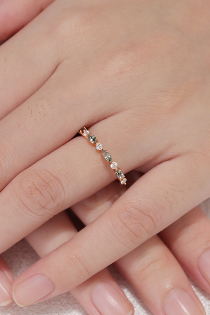 Marquise Cut Moss Agate Half Enternity Stacking Ring