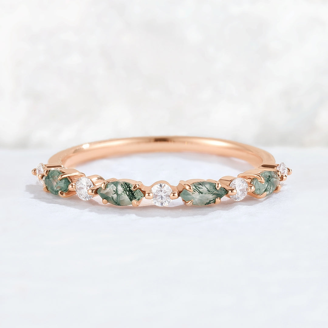 Marquise Cut Moss Agate Half Enternity Stacking Ring