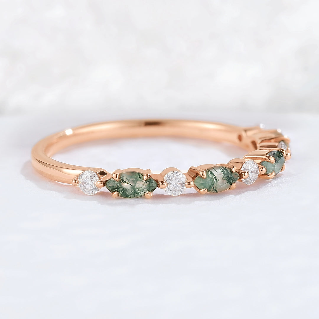 Marquise Cut Moss Agate Half Enternity Stacking Ring