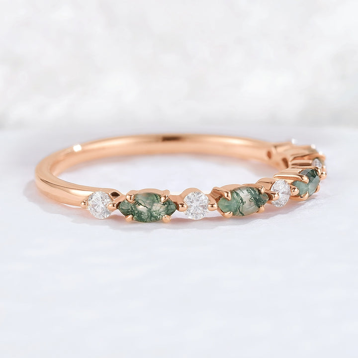 Marquise Cut Moss Agate Half Enternity Stacking Ring