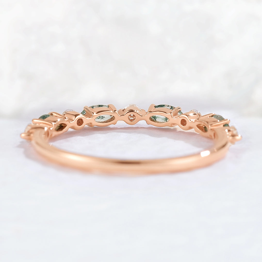 Marquise Cut Moss Agate Half Enternity Stacking Ring