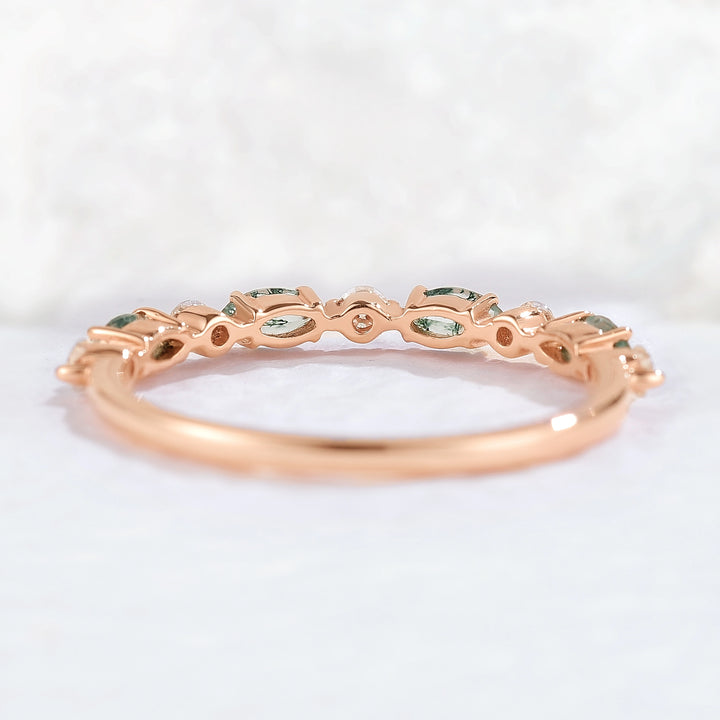 Marquise Cut Moss Agate Half Enternity Stacking Ring