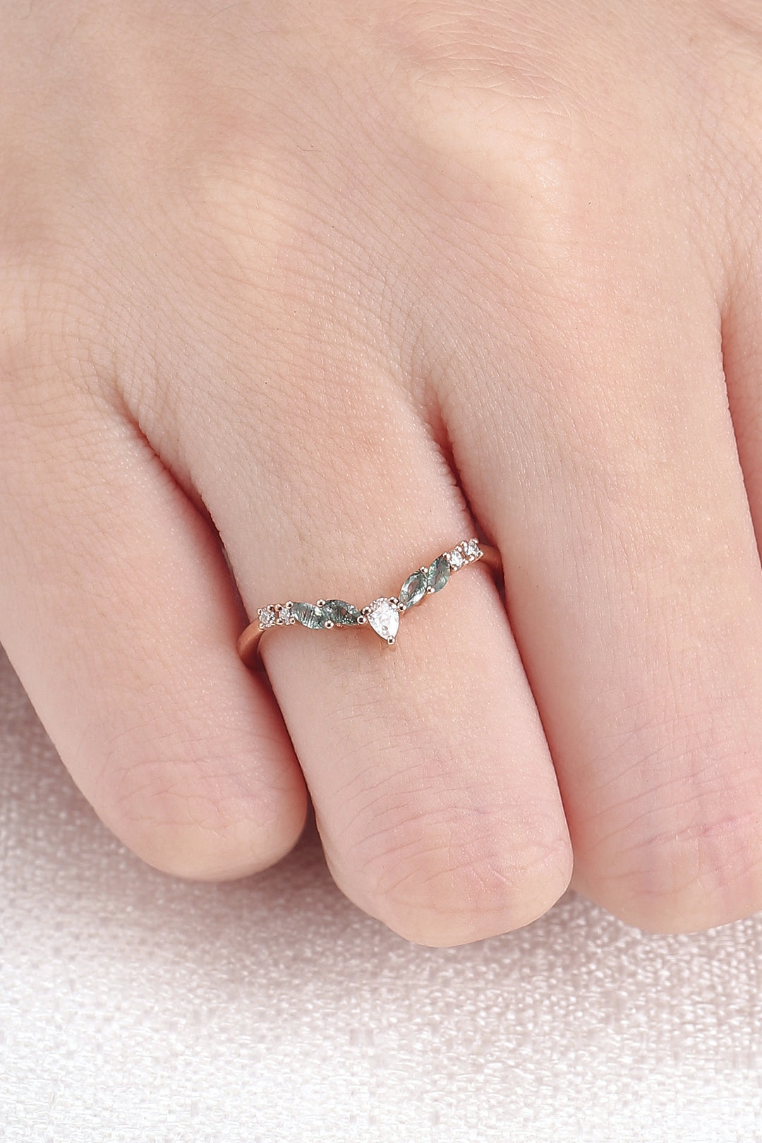 Curved Marquise Cut Moss Agate Rose Gold Wedding Band