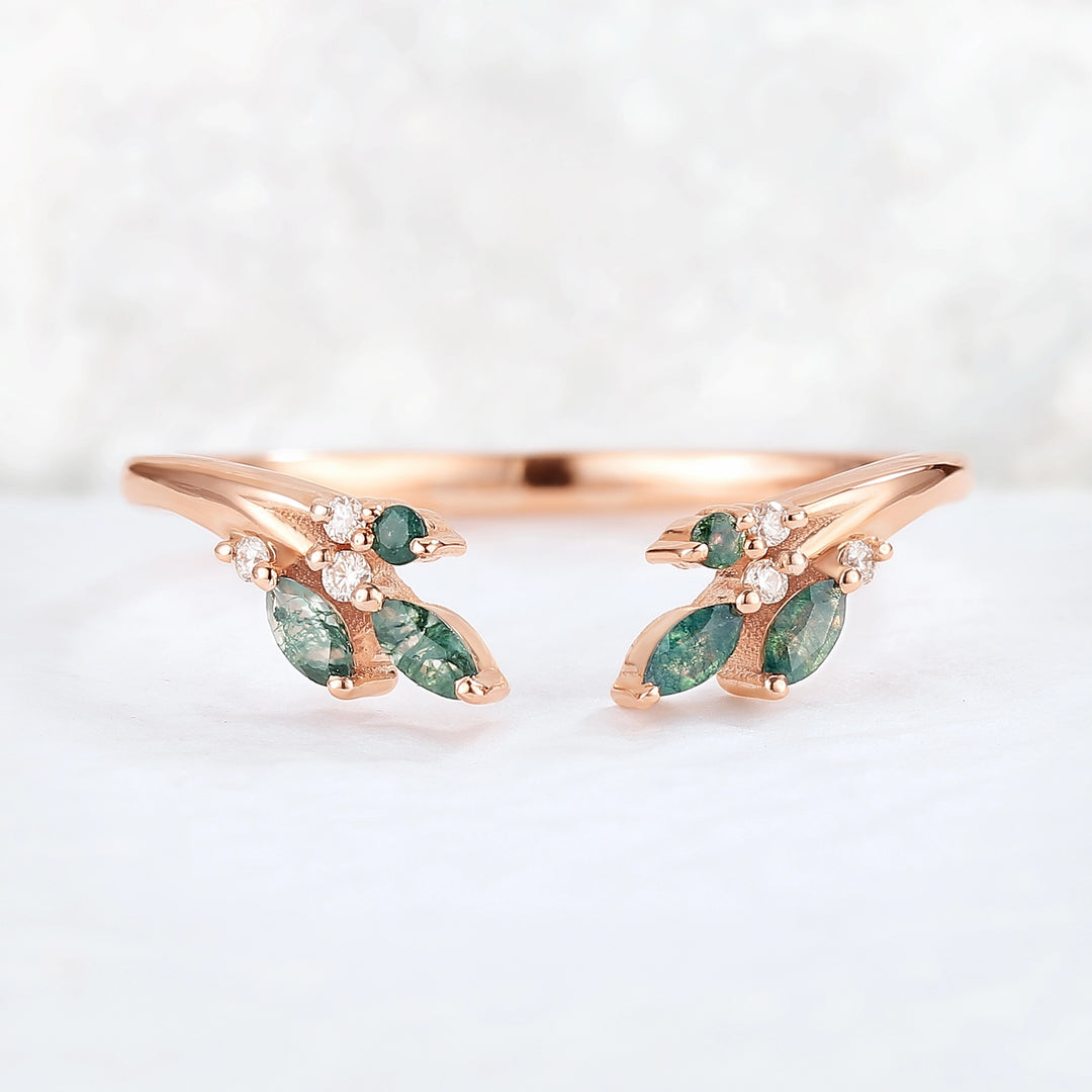 Marquise Cut Moss Agate Rose Gold Open Stacking Ring
