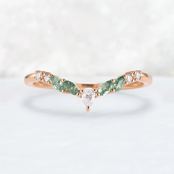Curved Marquise Cut Moss Agate Rose Gold Wedding Band