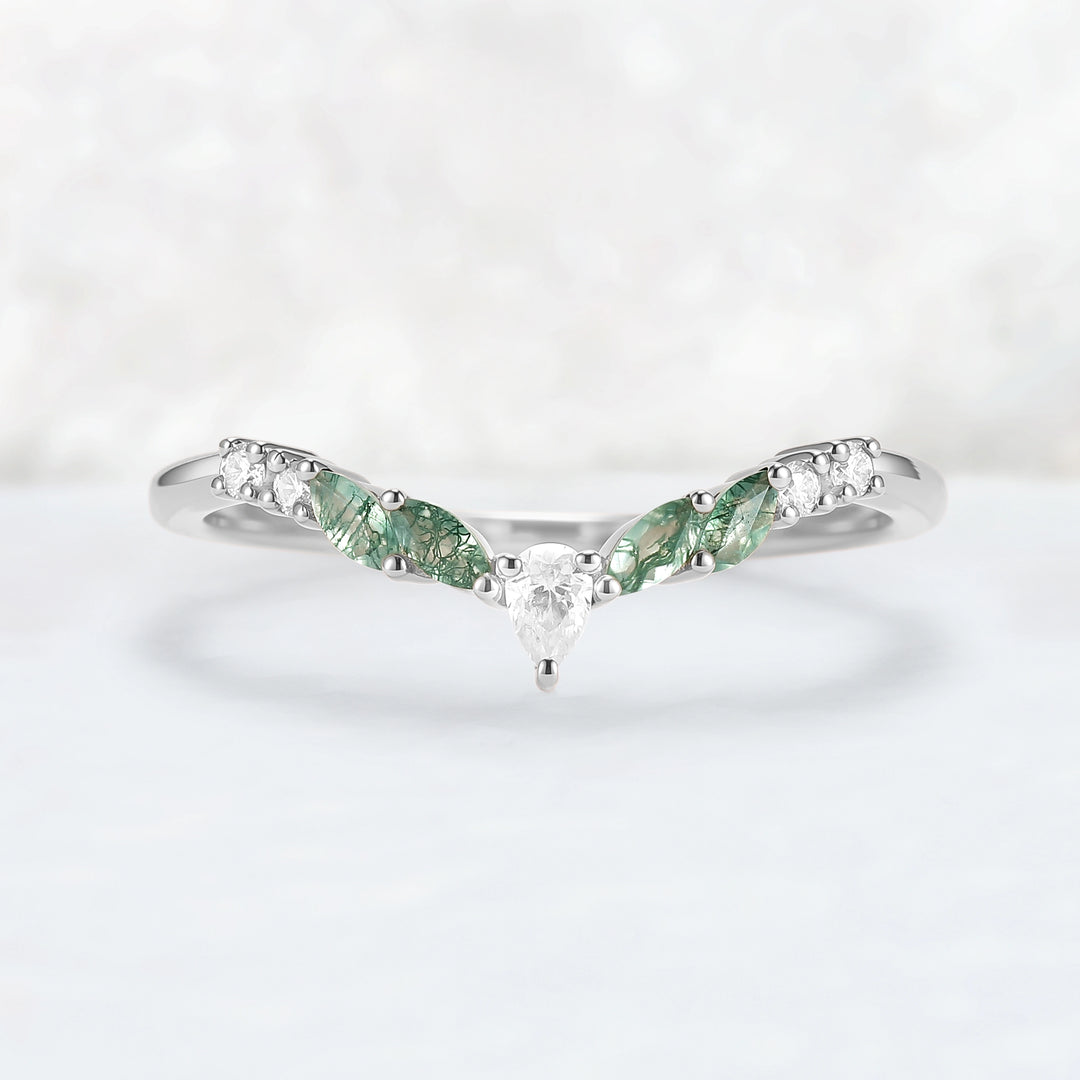 Curved Marquise Cut Moss Agate Rose Gold Wedding Band