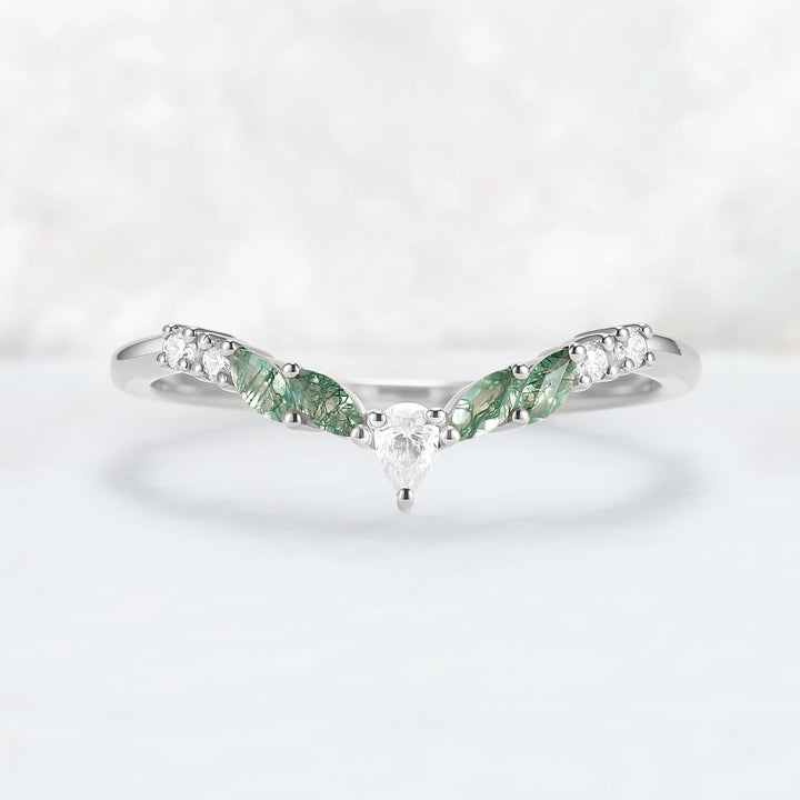 Curved Marquise Cut Moss Agate Rose Gold Wedding Band