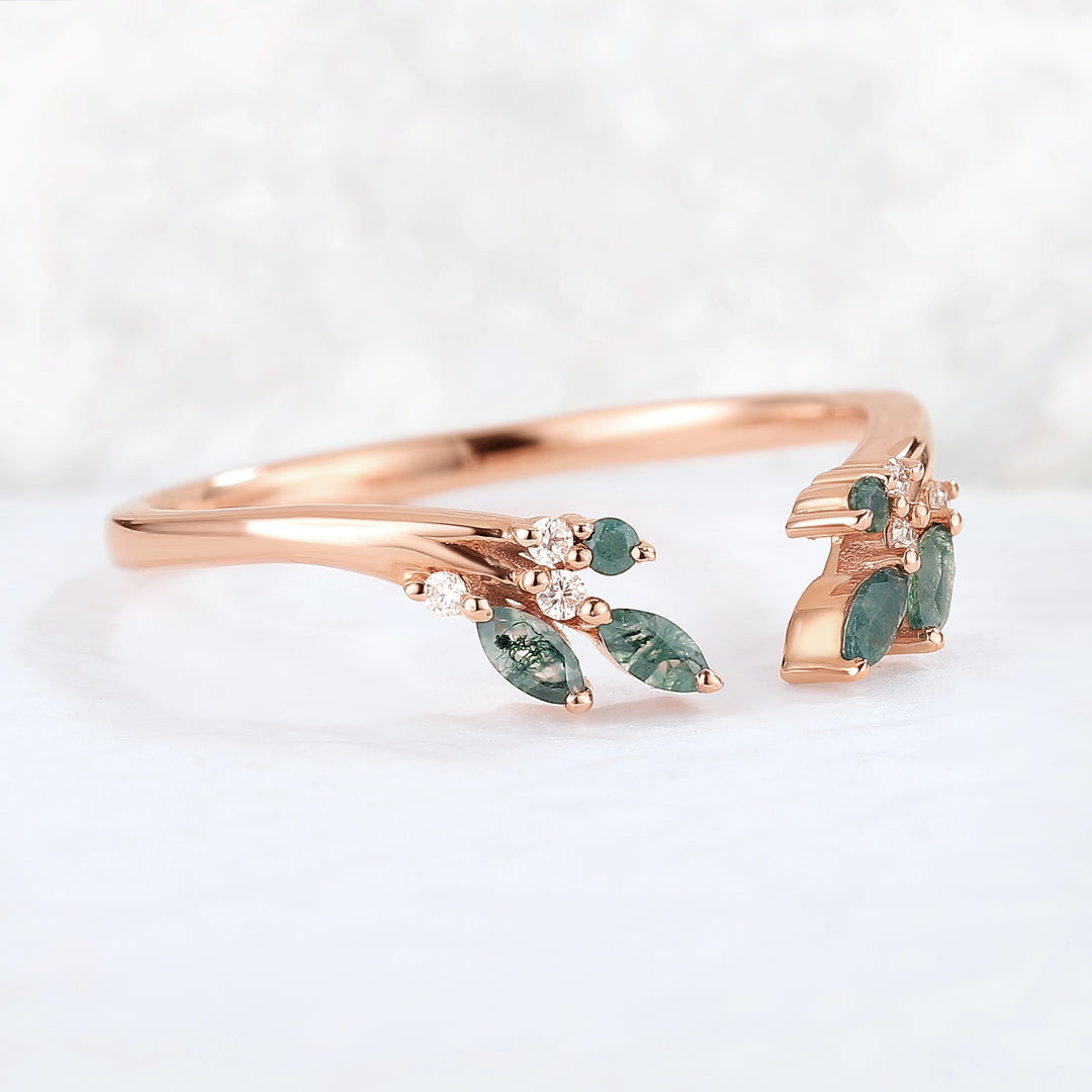 Marquise Cut Moss Agate Rose Gold Open Stacking Ring