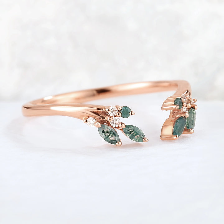 Marquise Cut Moss Agate Rose Gold Open Stacking Ring